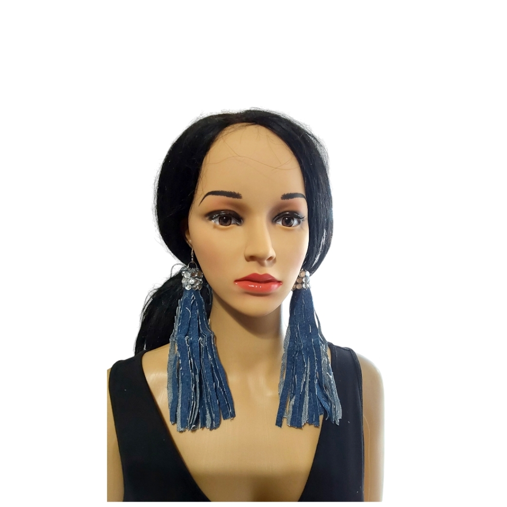 Denim tassel earrings